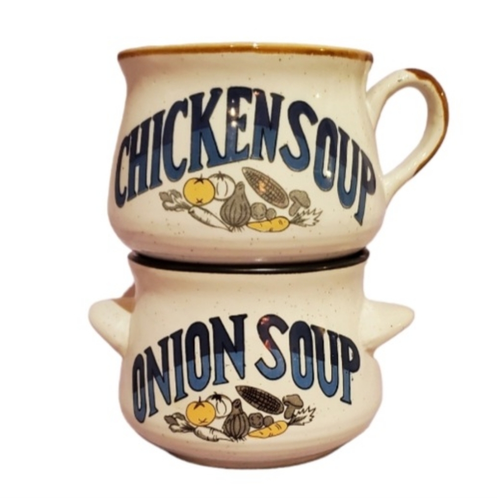 2 Vintage Typographic Soup Mug Bowls